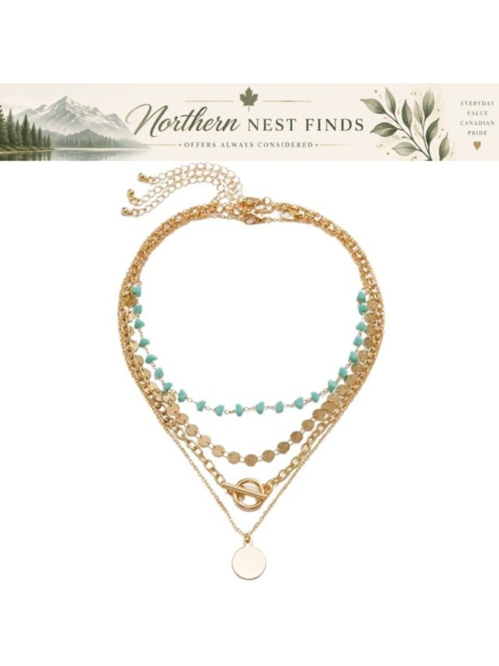 Boho Gold Plated Layered Necklace Turquoise Beads Toggle Clasp Women